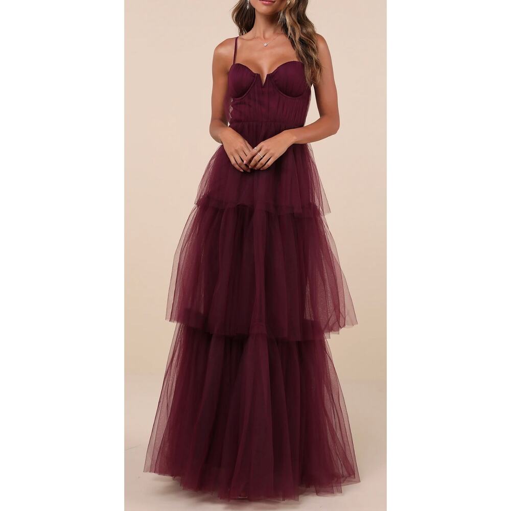 Lulus Unforgettable Poise Plum Purple Tulle Bustier Tiered Maxi Dress Size XS